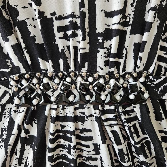 ICE Womens Hi-Low Beaded Waist Dress Size 14 Black White Abstract Short Sleeve - Picture 6 of 15